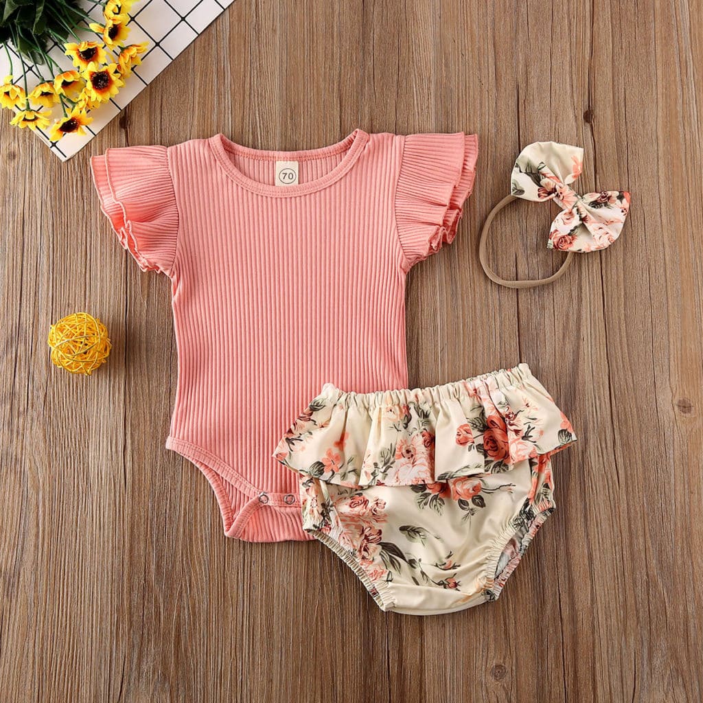 Itty Bitty Flower Print Ribbed Bodysuit Summer Set