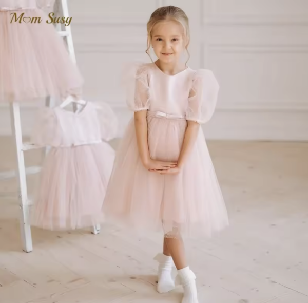 Itty Bitty Pink Puff Sleeve Tutu Dress With Waist Belt - Image 6