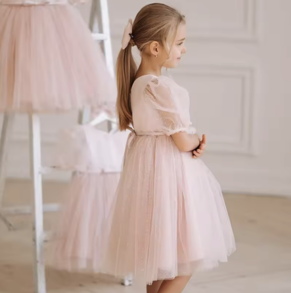 Itty Bitty Pink Puff Sleeve Tutu Dress With Waist Belt - Image 2