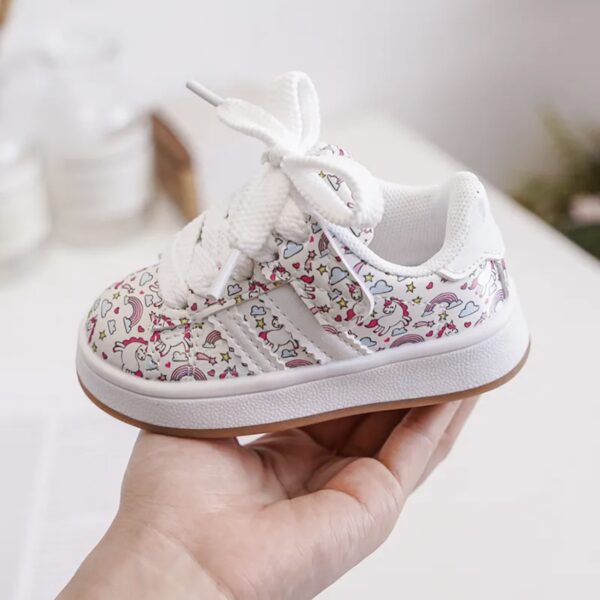 Itty Bitty White Unicorn Print Campus Stripe Trainers