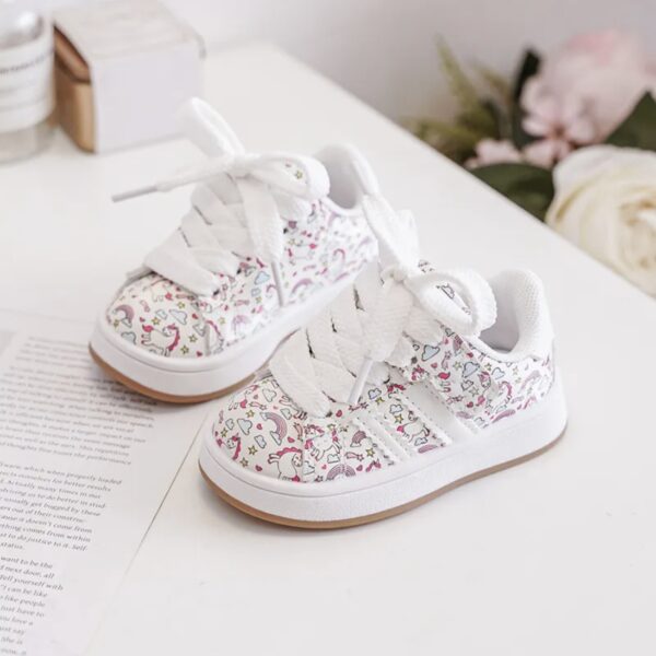 Itty Bitty White Unicorn Print Campus Stripe Trainers - Image 4